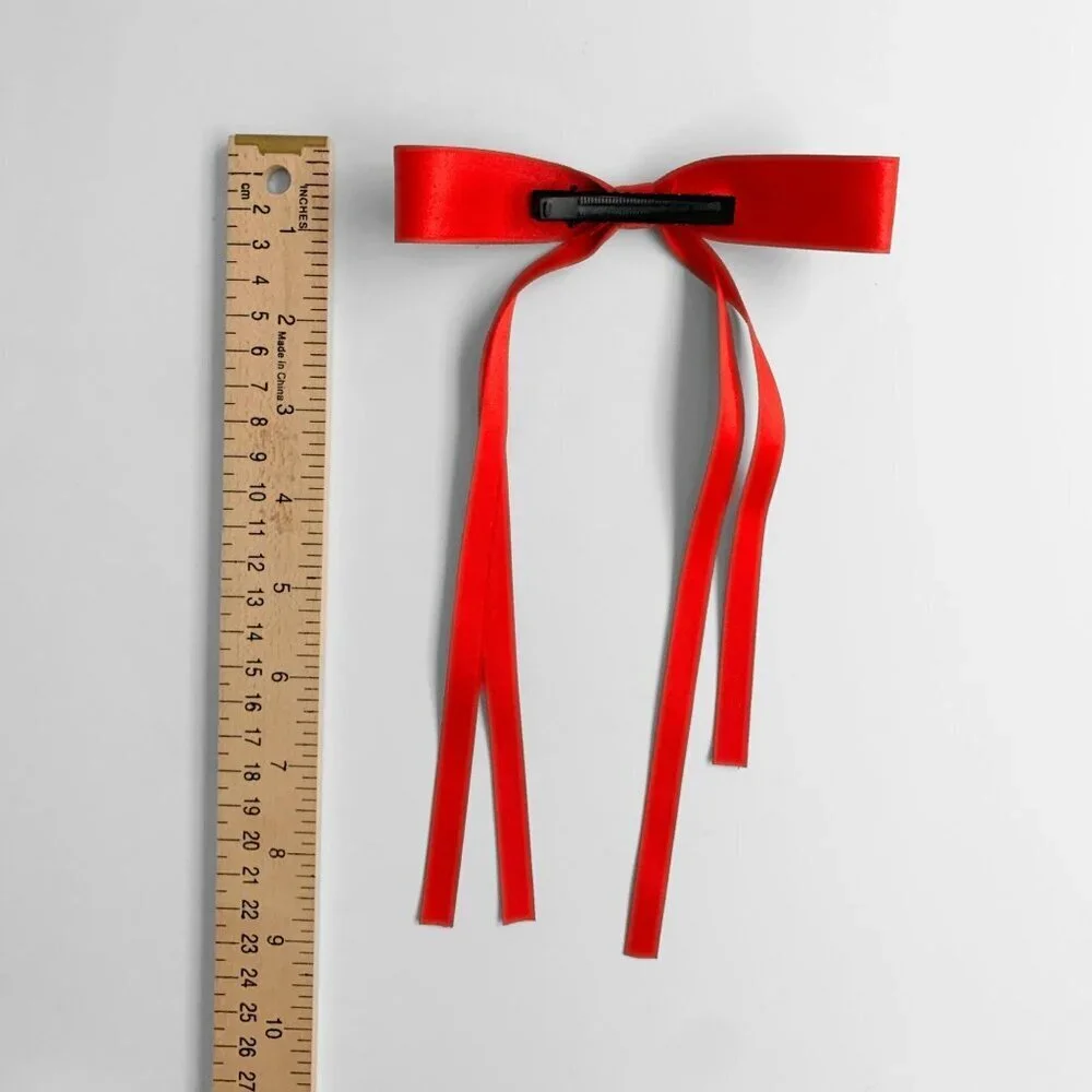 NWT Pretty Girls Long Hair Bows Satin Ribbon Clip on Kids Hair Accessory Red